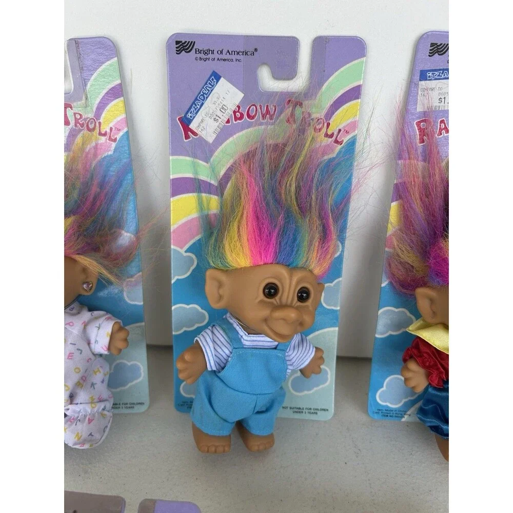 Lot of 5 Vintage 1990s Bright of America Rainbow Troll Dolls NOS Carded